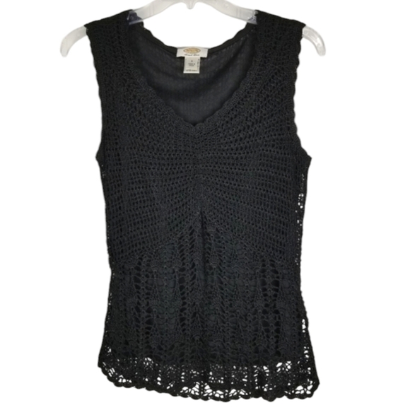 Talbots Womens Top Hand Knit Crochet Lace Baby Doll Top Size Small Black Boho - Picture 1 of 8